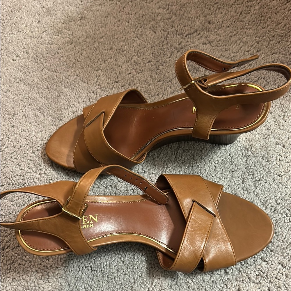 Tan Leather Low Wedge Sandals